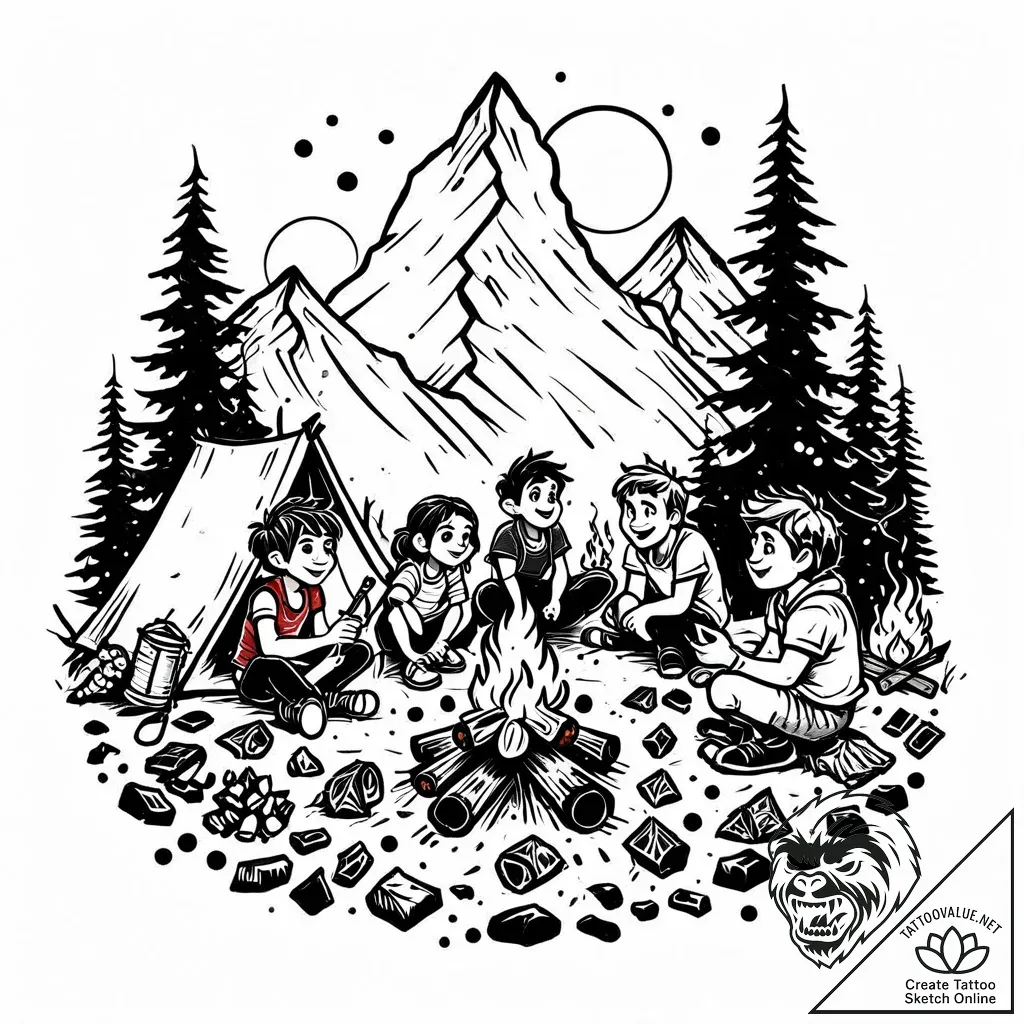 Tattoo sketch, croods family around campfire,... - style Jaeger Mini - tattoo sketch (11.11.2025 03:31)