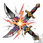 Lightning striking shattered blade, ink illus… – style Flux Inscriptions – tattoo sketch (11.11.2025 03:37)