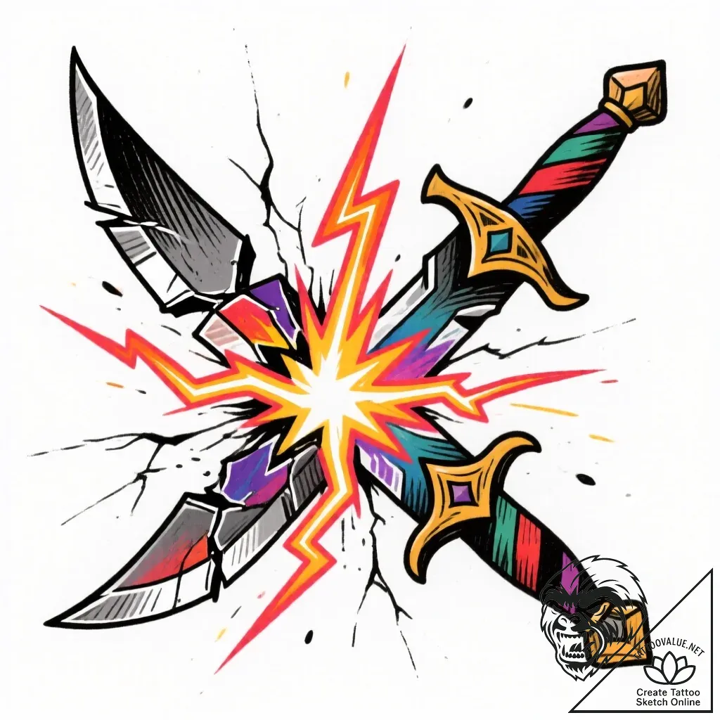 Lightning striking shattered blade, ink illus... - style Flux Inscriptions - tattoo sketch (11.11.2025 03:37)