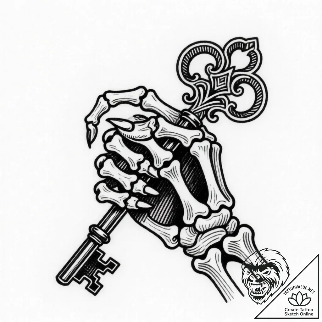 Key in skeletal grip, tattoo line art, black... - style Flux Inscriptions - tattoo sketch (11.11.2025 04:01)