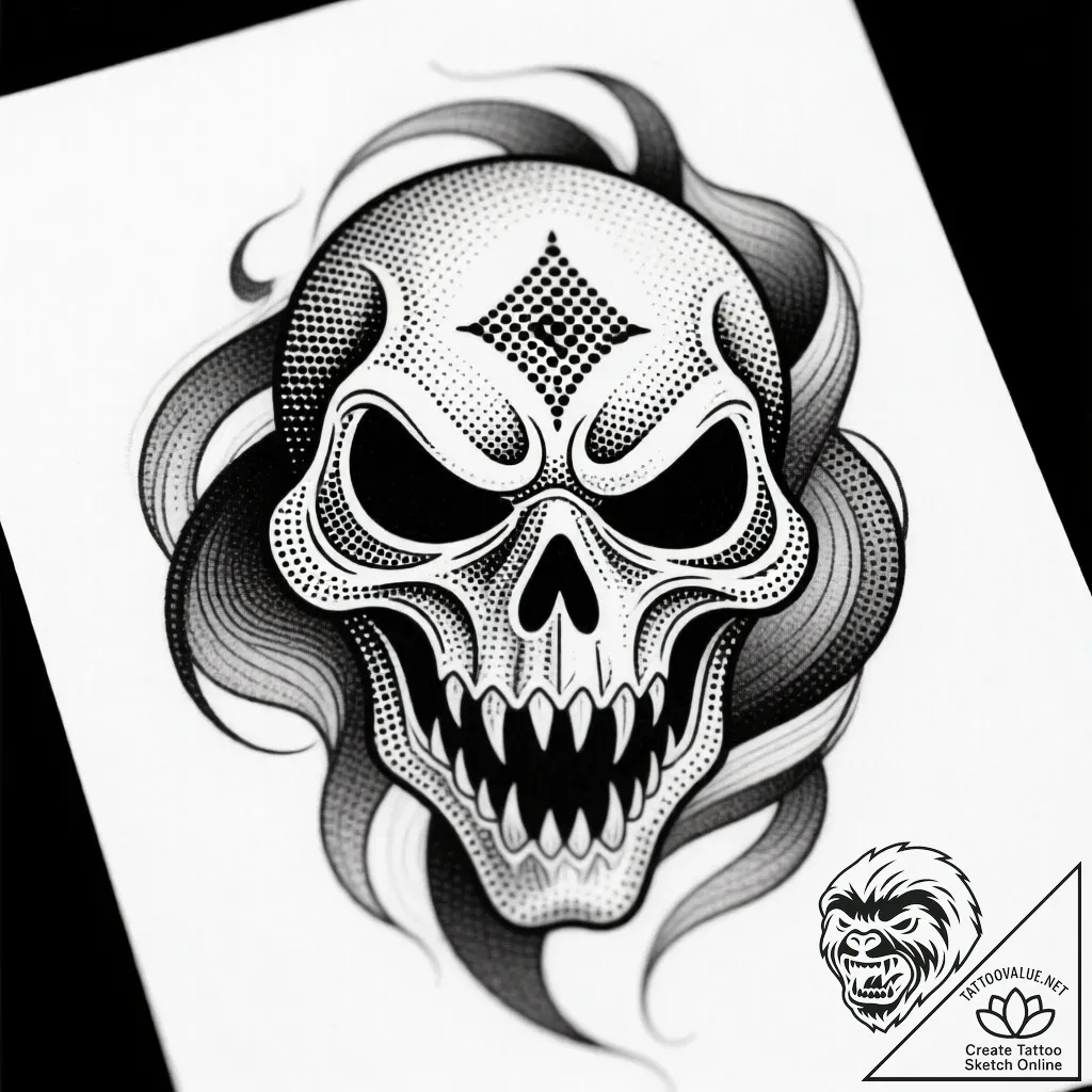 Grim mask leaking shadows, tattoo line art, d... - style Flux Inscriptions - tattoo sketch (11.11.2025 04:27)