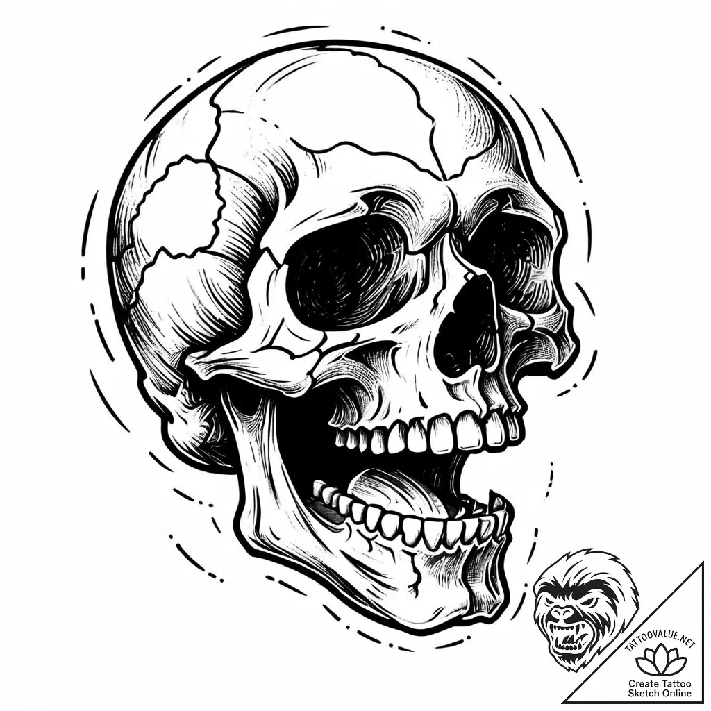 Animated skull laughing, tattoo line art, pro... - style Jaeger Mini - tattoo sketch (11.11.2025 04:28)