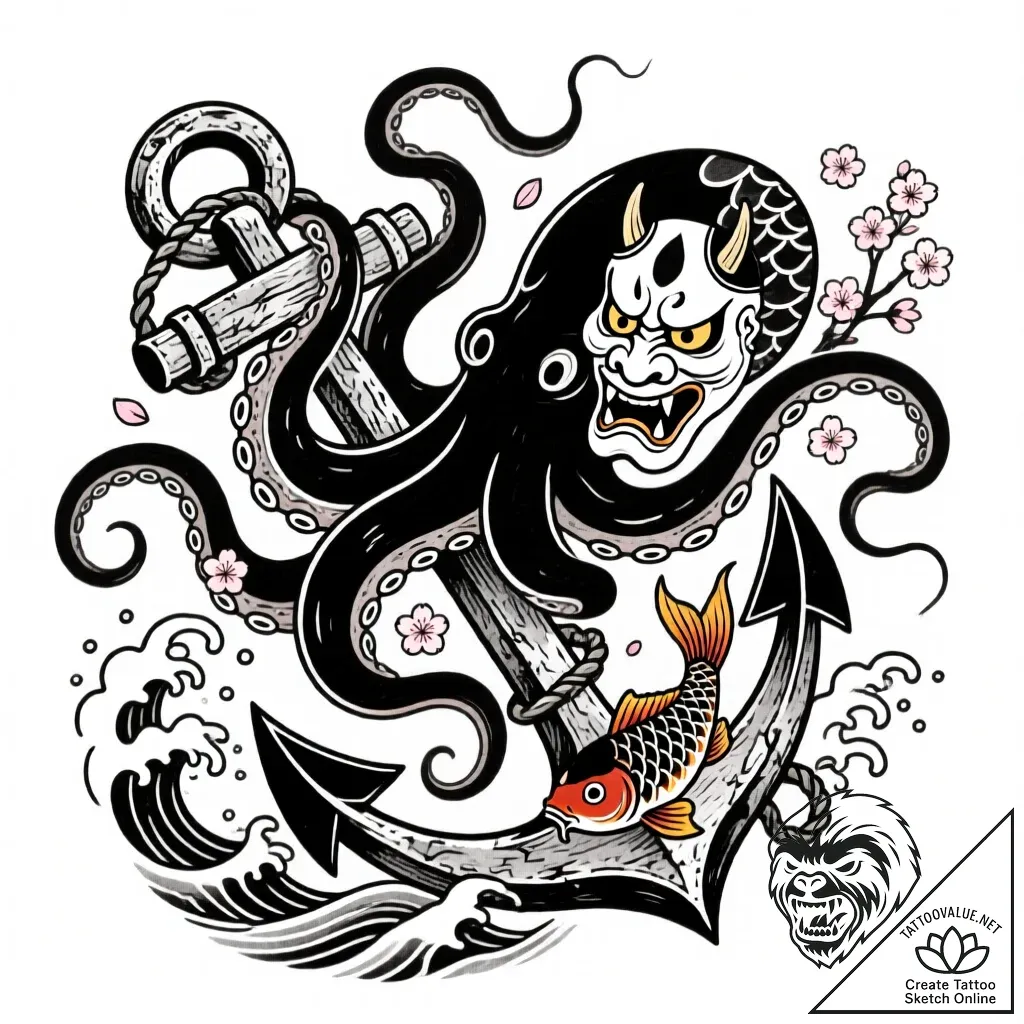 Kraken clutching ancient anchor, ink illustra... - style Flux Inscriptions - tattoo sketch (11.11.2025 04:58)