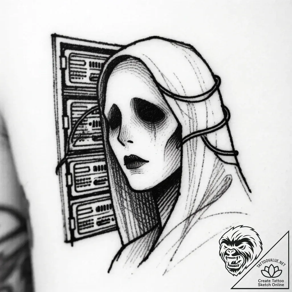 Ghost in the machine, a faint face visible on... - style Flux Inscriptions - tattoo sketch (11.11.2025 05:10)