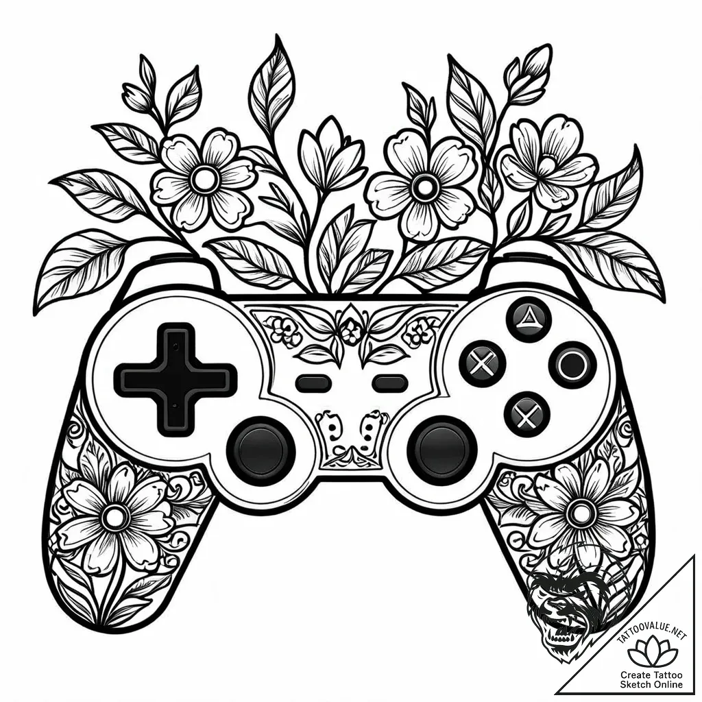 Controller (gamepad) with flowers growing fro... - style Jaeger Mini - tattoo sketch (11.11.2025 05:28)