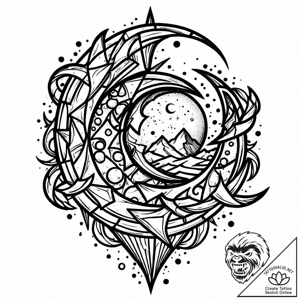 Iron relic beneath shattered moon, tattoo dra... - style Jaeger Mini - tattoo sketch (11.11.2025 05:40)