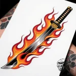 Katana blade devouring flame, artistic tattoo… – style Flux Inscriptions – tattoo sketch (11.11.2025 05:58)