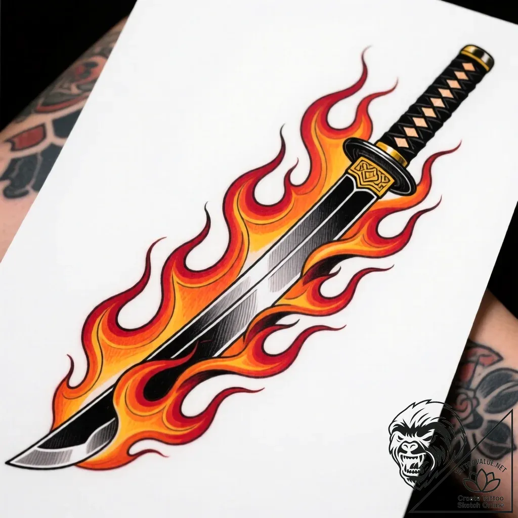 Katana blade devouring flame, artistic tattoo... - style Flux Inscriptions - tattoo sketch (11.11.2025 05:58)