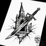 Hidden blade beneath shattered spire, tattoo… – style Flux Inscriptions – tattoo sketch (11.11.2025 06:22)