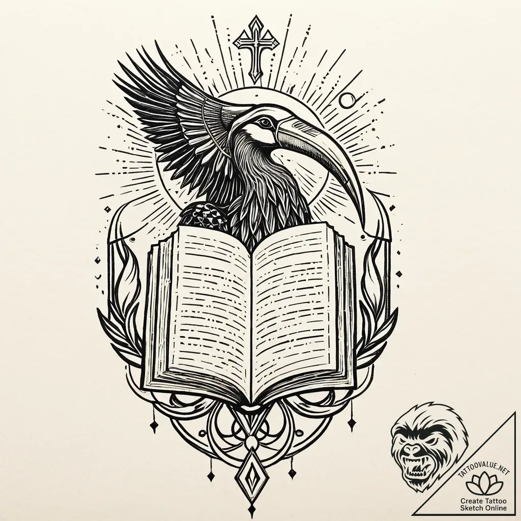 Thoth, the ibis-headed god, writing in a tome... - style Jaeger Mini - tattoo sketch (11.11.2025 07:13)
