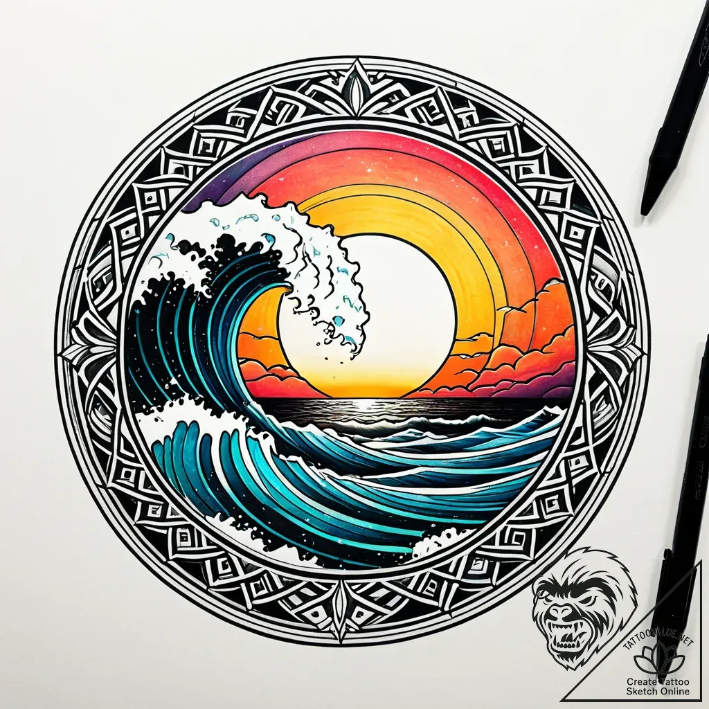 Sunset over waves, inside a circle, tattoo dr... - style Jaeger Simple - tattoo sketch (11.11.2025 07:22)