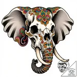 Elephant skull, massive and imposing, with in… – style Flux Inscriptions – tattoo sketch (11.11.2025 07:55)