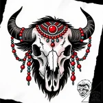 A powerful buffalo skull adorned with feather… – style Flux Inscriptions – tattoo sketch (11.11.2025 08:19)