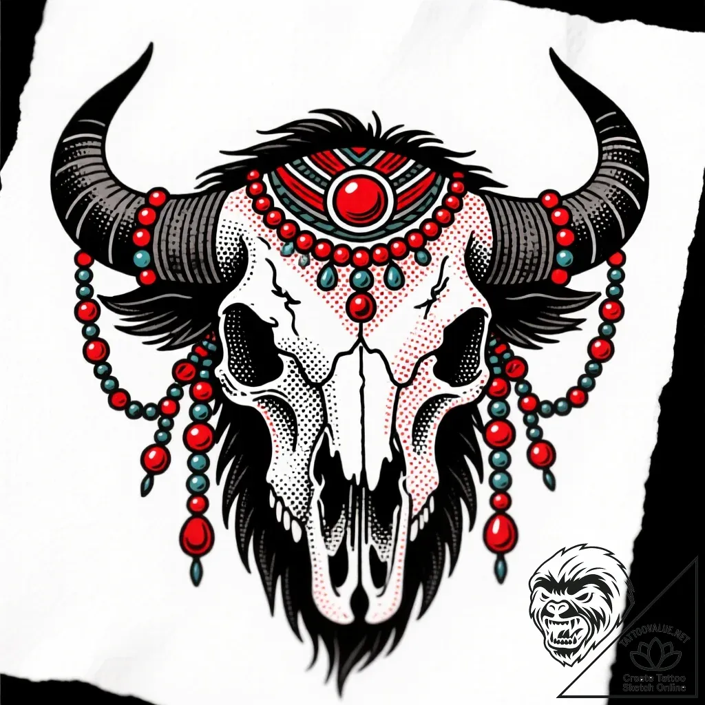 A powerful buffalo skull adorned with feather... - style Flux Inscriptions - tattoo sketch (11.11.2025 08:19)