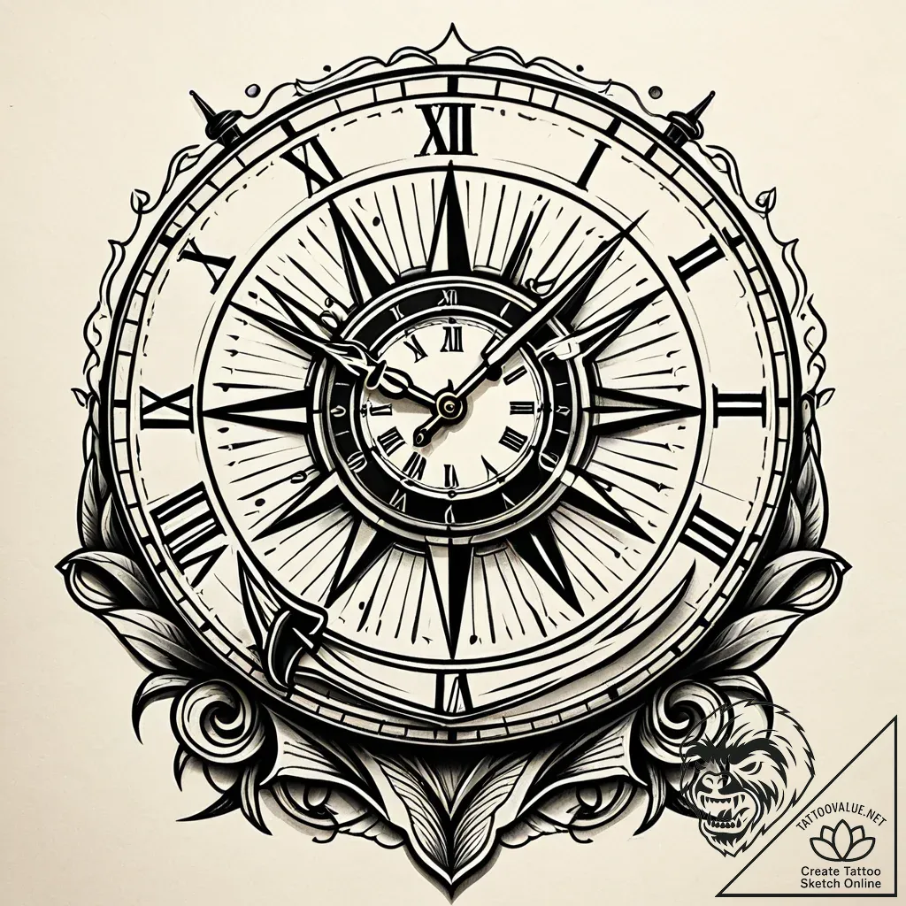 Ashen clock with shattered face, tattoo line... - style Jaeger Simple - tattoo sketch (11.11.2025 09:10)