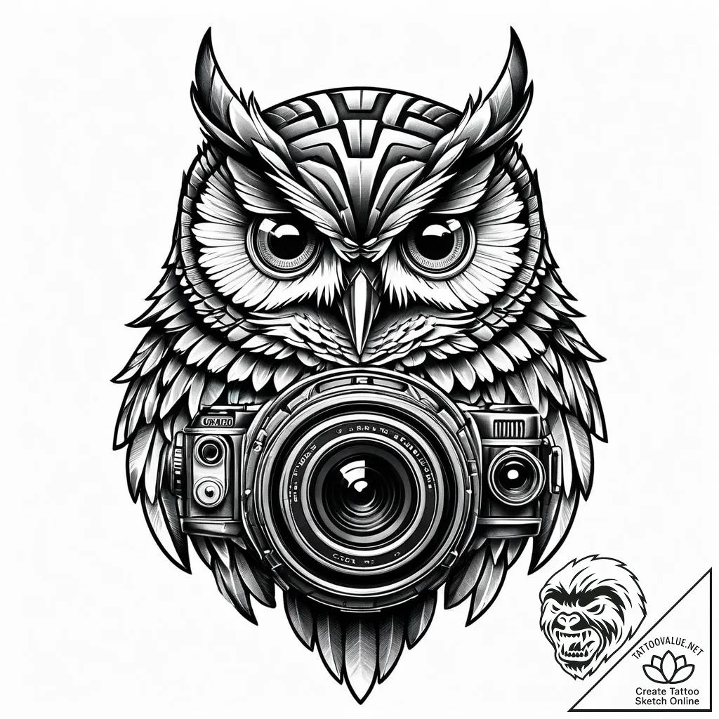 Cybernetic owl with telescopic, camera-like e... - style Jaeger Mini - tattoo sketch (11.11.2025 09:13)