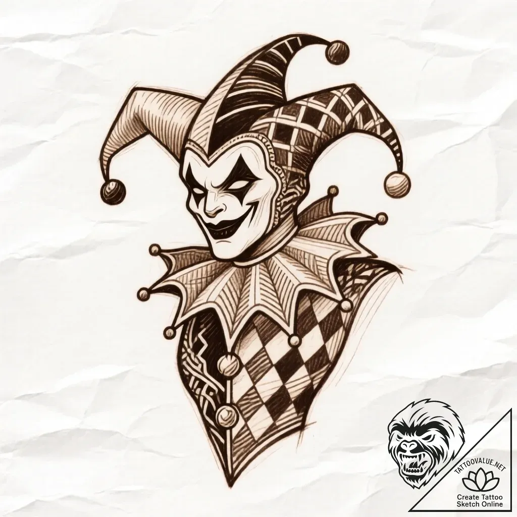 Jester, concept art for tattoo, clean lines,... - style Flux Inscriptions - tattoo sketch (11.11.2025 09:19)