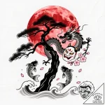 Pine tree silhouette against a blood-red moon… – style Flux Inscriptions – tattoo sketch (11.11.2025 09:43)