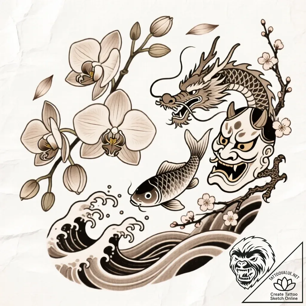 Orchid petals drifting through air, tattoo fl... - style Flux Inscriptions - tattoo sketch (11.11.2025 09:55)