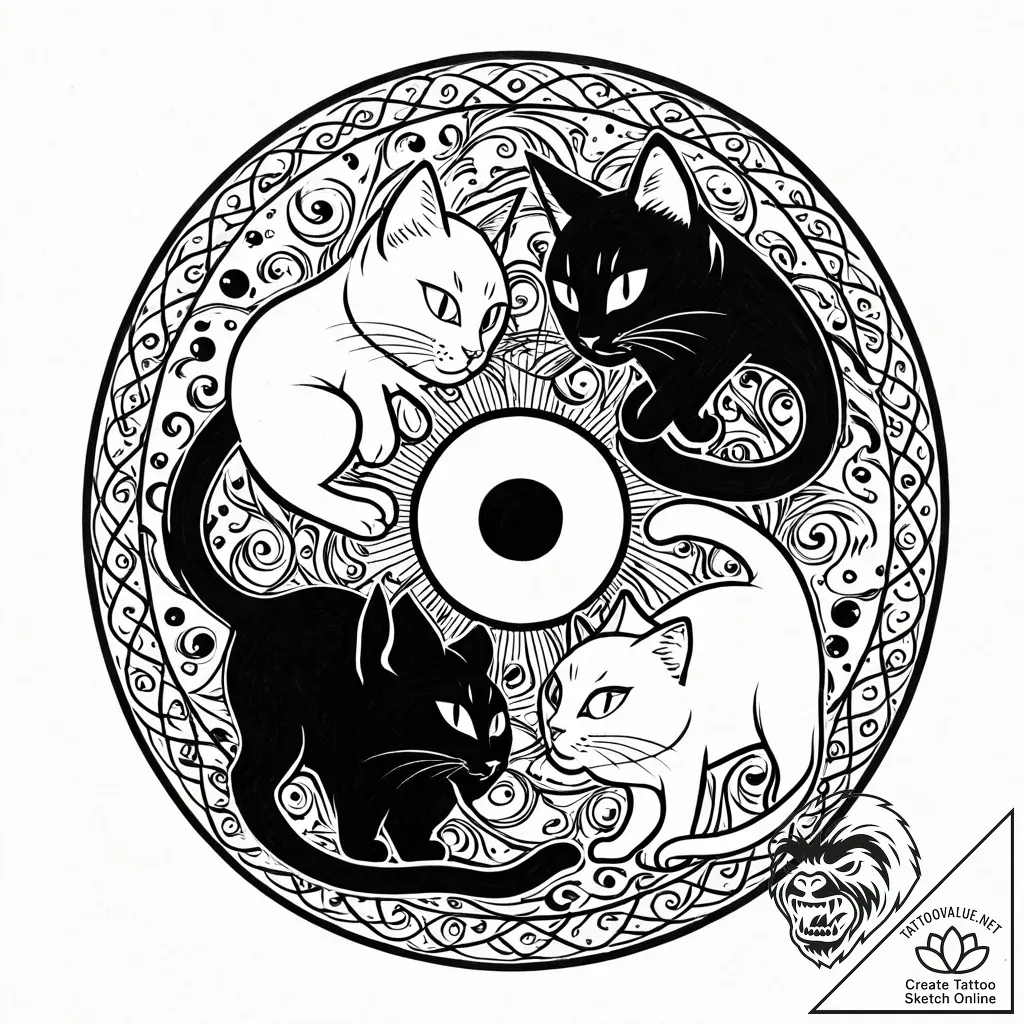 Yin-yang symbol made from a black cat and a w... - style Jaeger Mini - tattoo sketch (11.11.2025 10:01)
