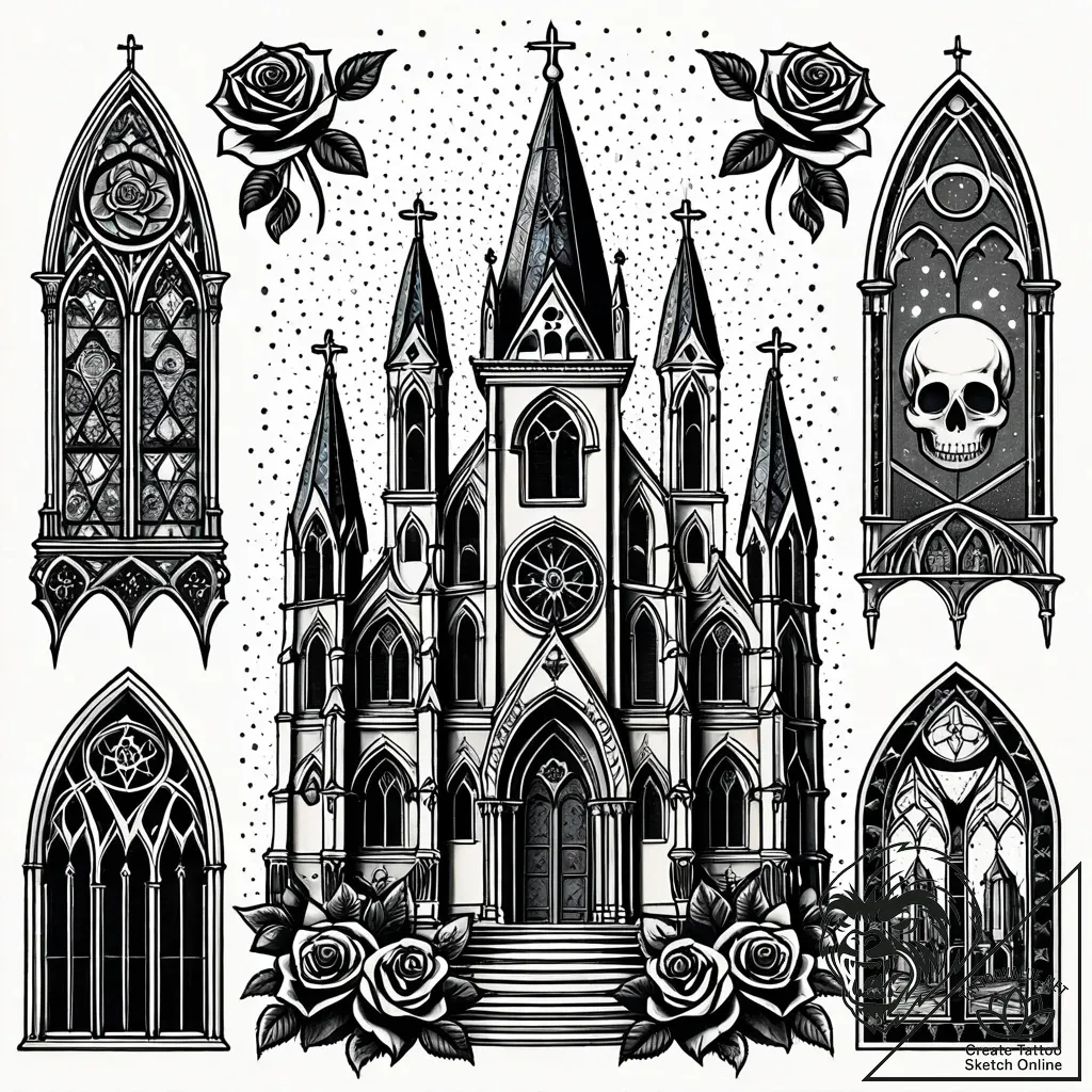 Tat tattoo sketch, gothic cathedral with poin... - style Jaeger Simple - tattoo sketch (11.11.2025 10:22)