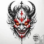 Demon mask with burning eyes, ink illustratio… – style Jaeger Mini – tattoo sketch (11.11.2025 10:25)