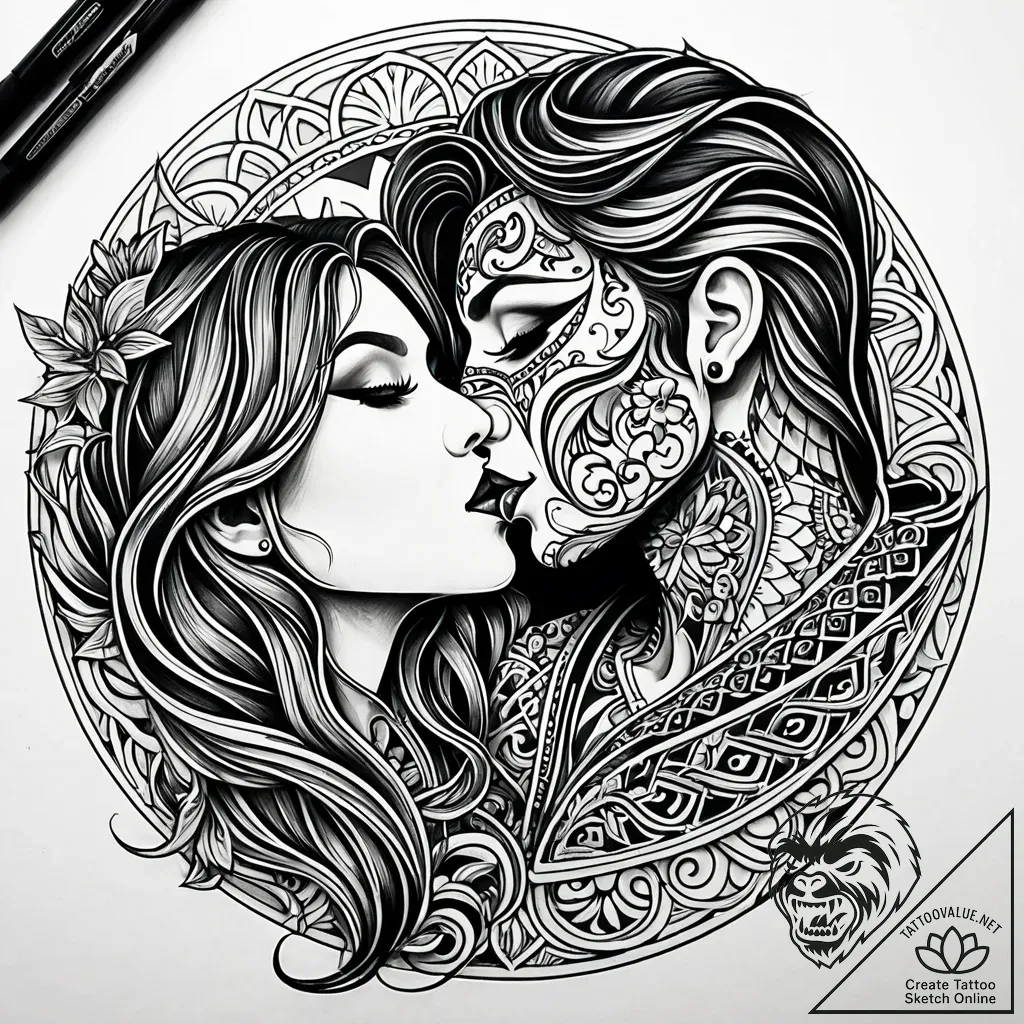 Kiss, ink illustration for tattoo, highly det... - style Jaeger Simple - tattoo sketch (11.11.2025 10:58)