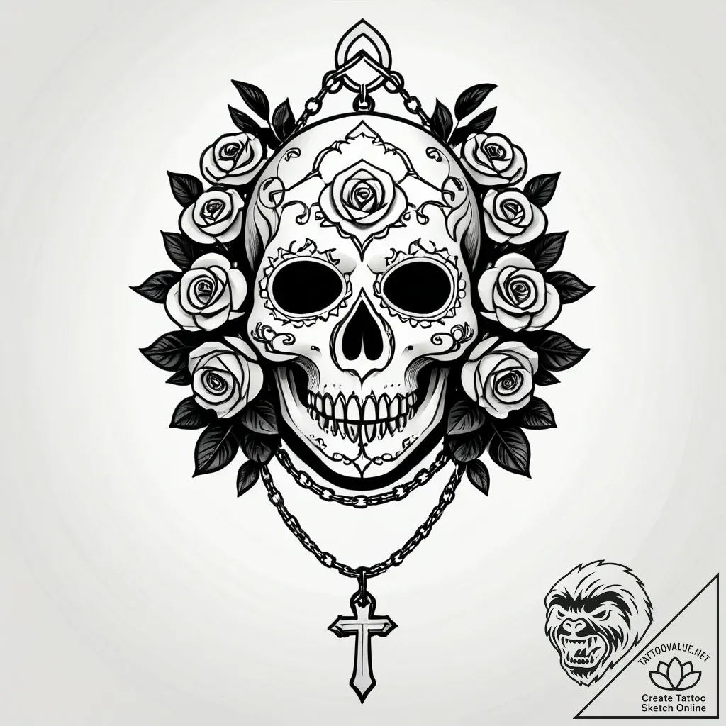 Chained mask floating mid-air, tattoo line ar... - style Jagger Old - tattoo sketch (11.11.2025 11:03)