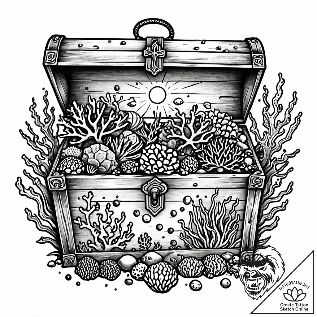 Treasure chest beneath coral reef, tattoo ske... - style Jaeger Mini - tattoo sketch (11.11.2025 11:49)