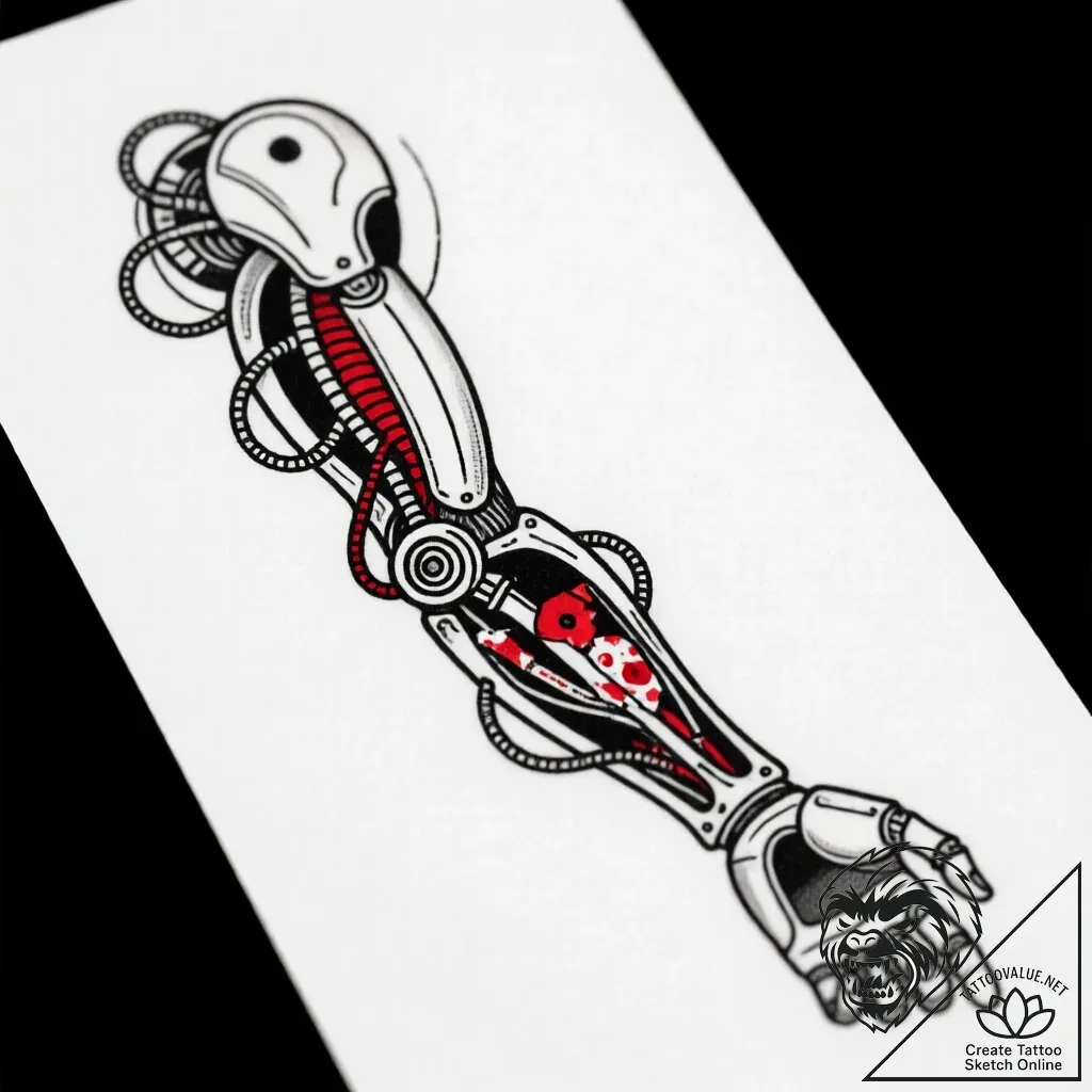 A detailed biomechanical arm, incorporating g... - style Flux Inscriptions - tattoo sketch (11.11.2025 11:55)