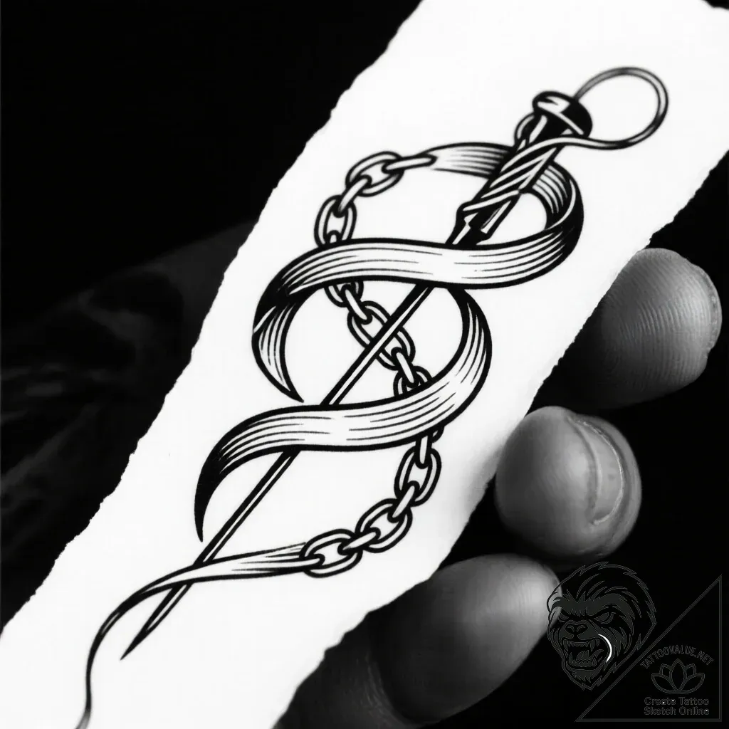 Needle wrapped in spectral chains, tattoo fla... - style Flux Inscriptions - tattoo sketch (11.11.2025 12:19)