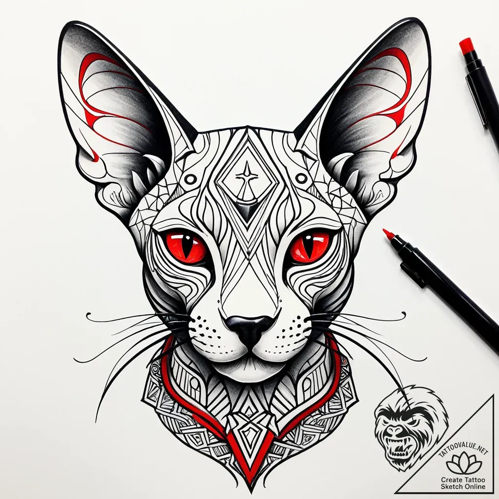 Sphynx cat with intricate, cybernetic tattoos... - style Jaeger Simple - tattoo sketch (11.11.2025 12:22)