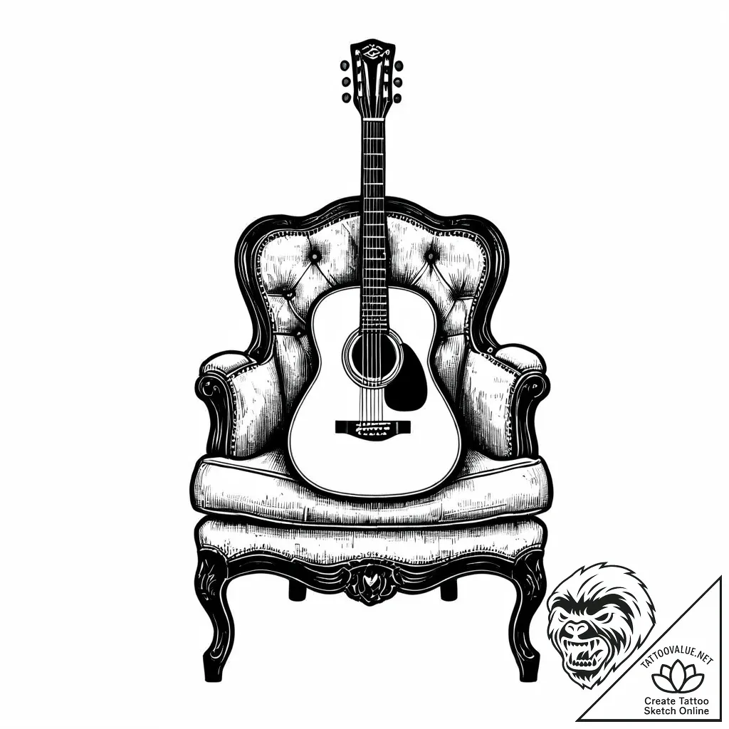 An acoustic guitar resting on a velvet chair... - style Jaeger Mini - tattoo sketch (11.11.2025 13:00)