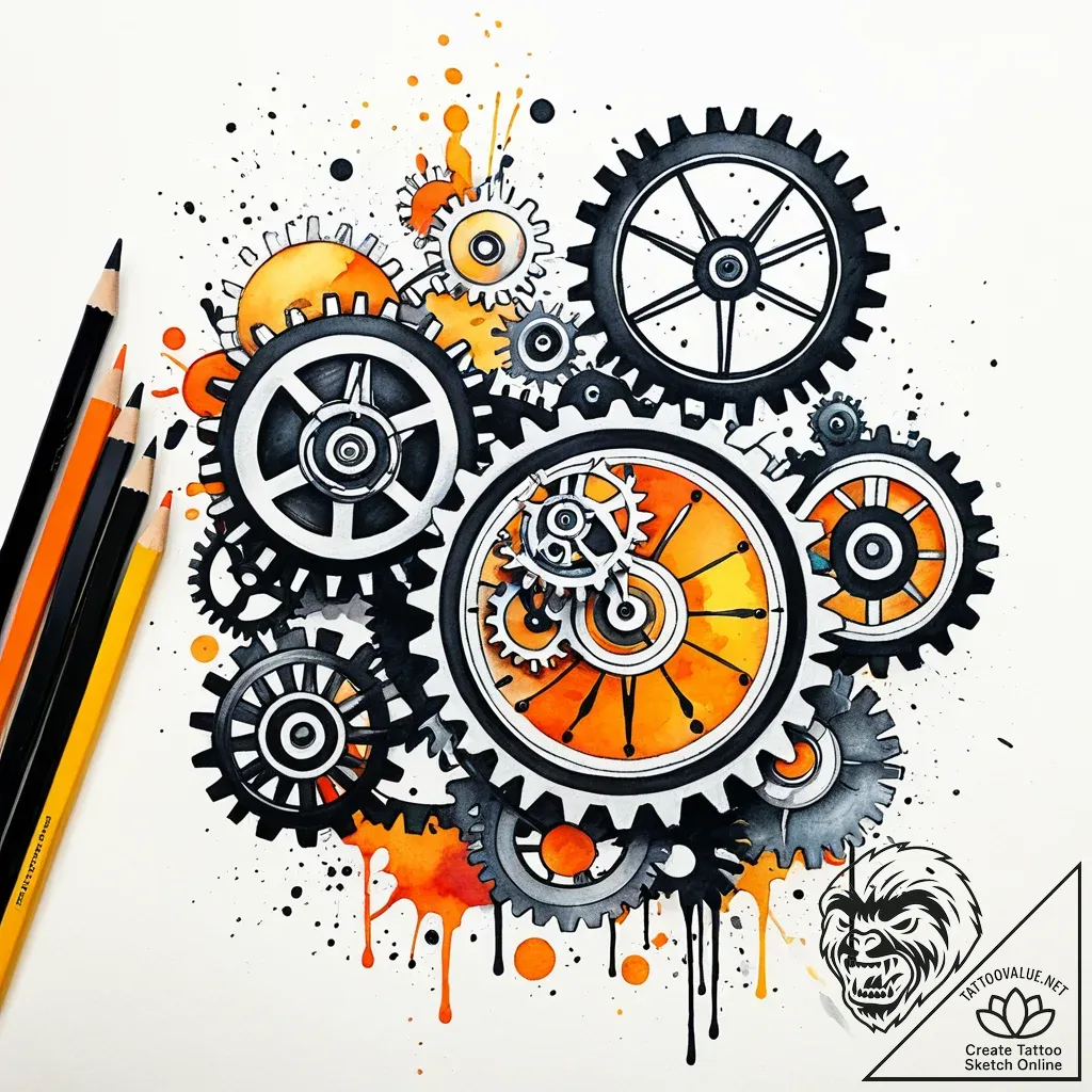 Clockwork orange with exposed, whirring gears... - style Jaeger Simple - tattoo sketch (11.11.2025 13:57)