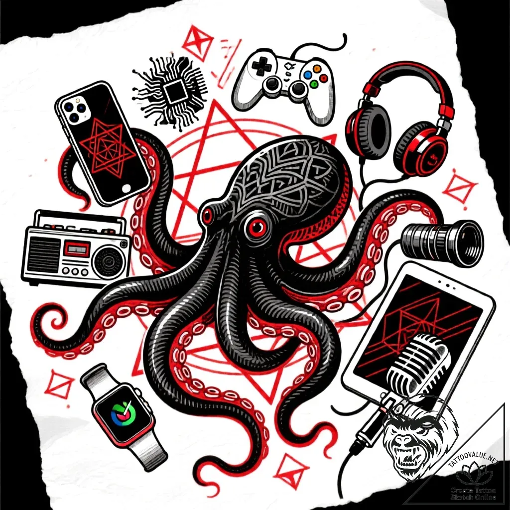 Octopus with each tentacle holding a differen... - style Flux Inscriptions - tattoo sketch (11.11.2025 15:07)