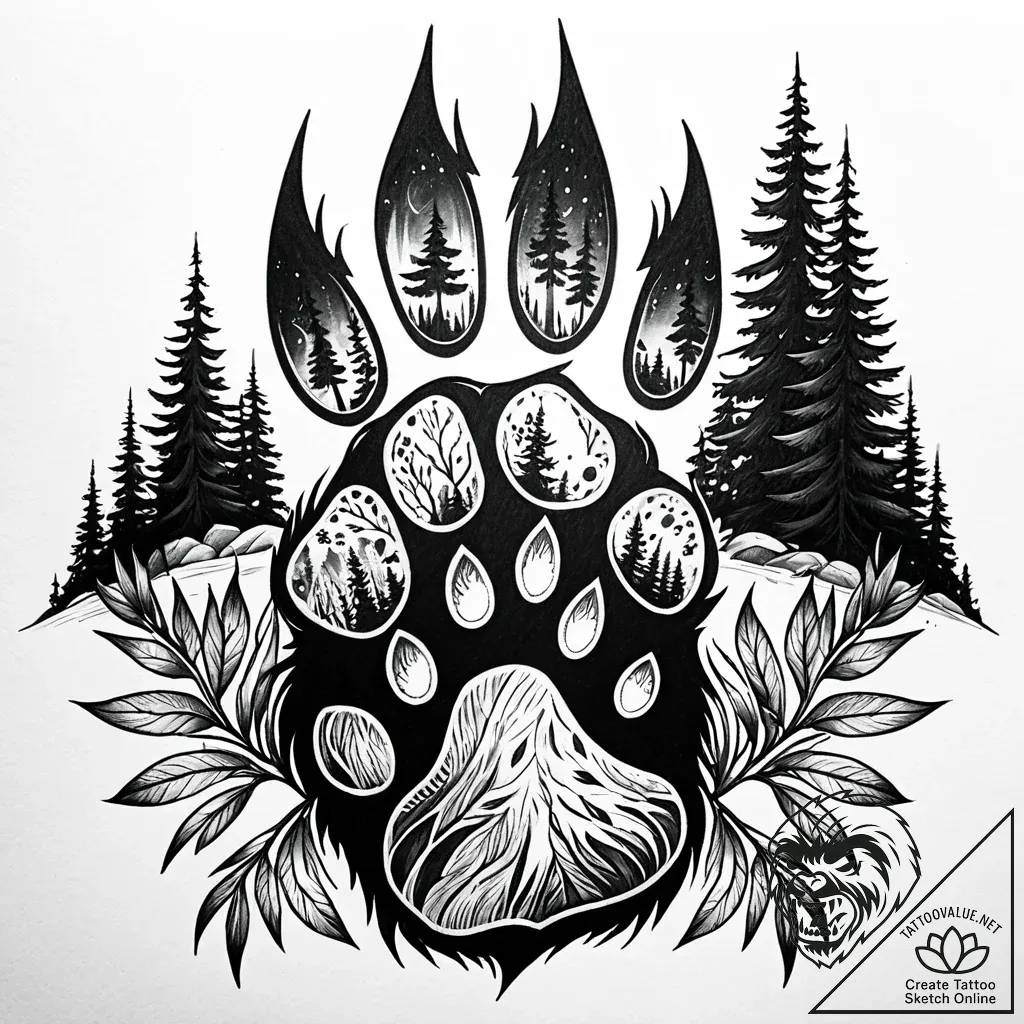 Paw print of a wolf, containing a forest scen... - style Jaeger Simple - tattoo sketch (11.11.2025 15:21)