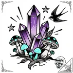 Crystal cluster with tiny, glowing mushrooms… – style Flux Inscriptions – tattoo sketch (11.11.2025 15:31)