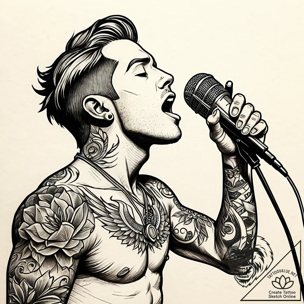 Tattoo sketch, stuart holding microphone sing... - style Jaeger Simple - tattoo sketch (11.11.2025 15:45)