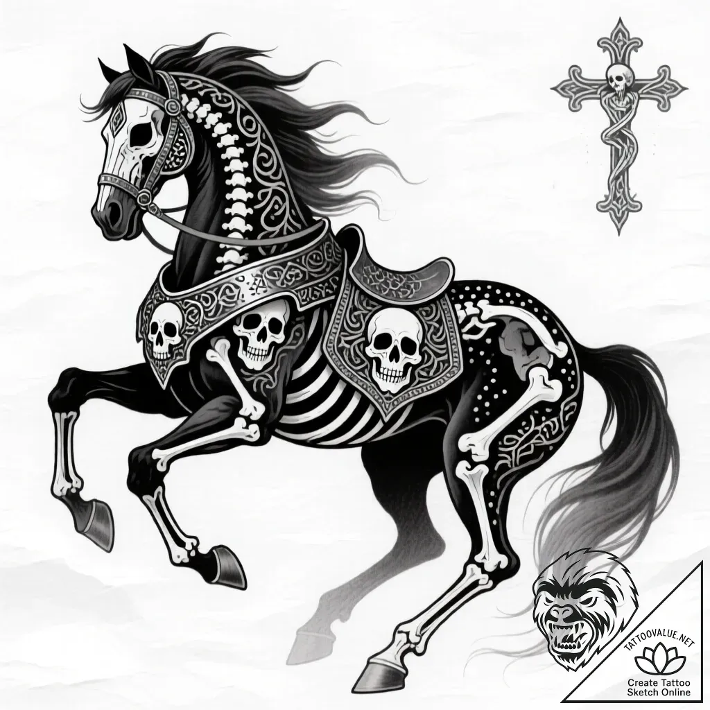 War horse in skeletal armor, concept art for... - style Flux Inscriptions - tattoo sketch (11.11.2025 15:55)