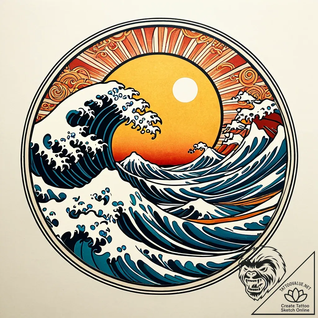 Rising sun over a traditional japanese wave,... - style Jaeger Simple - tattoo sketch (11.11.2025 17:22)