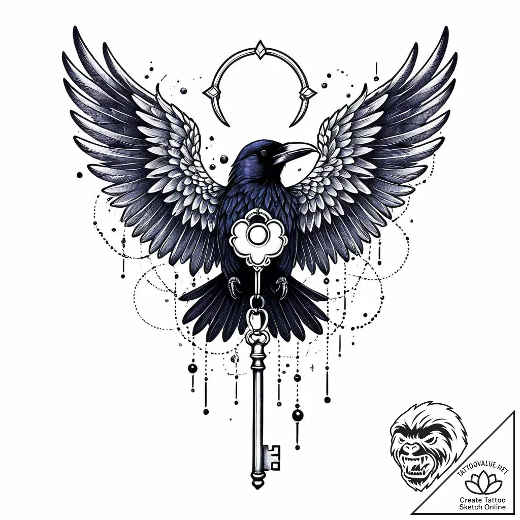 Angel raven holding key, concept art for tatt... - style Jaeger Mini - tattoo sketch (11.11.2025 17:45)