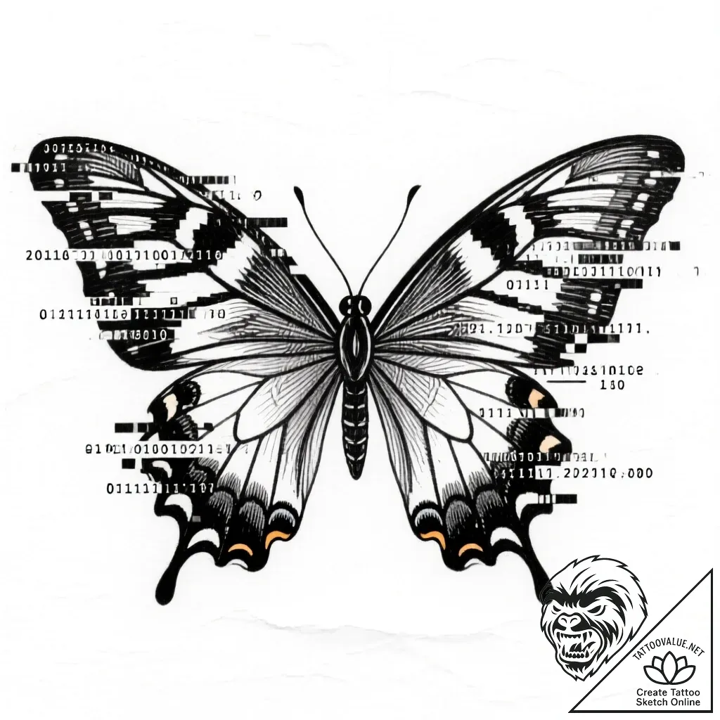 Butterfly with wings made of code and glitchi... - style Flux Inscriptions - tattoo sketch (11.11.2025 17:52)
