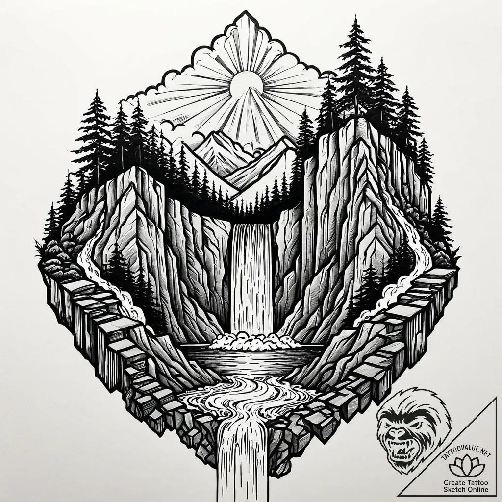 Waterfall cascading over a cliff into clouds,... - style Jaeger Mini - tattoo sketch (11.11.2025 18:58)