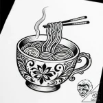 Instant ramen noodle cup, steaming, tattoo dr… – style Flux Inscriptions – tattoo sketch (11.11.2025 19:16)
