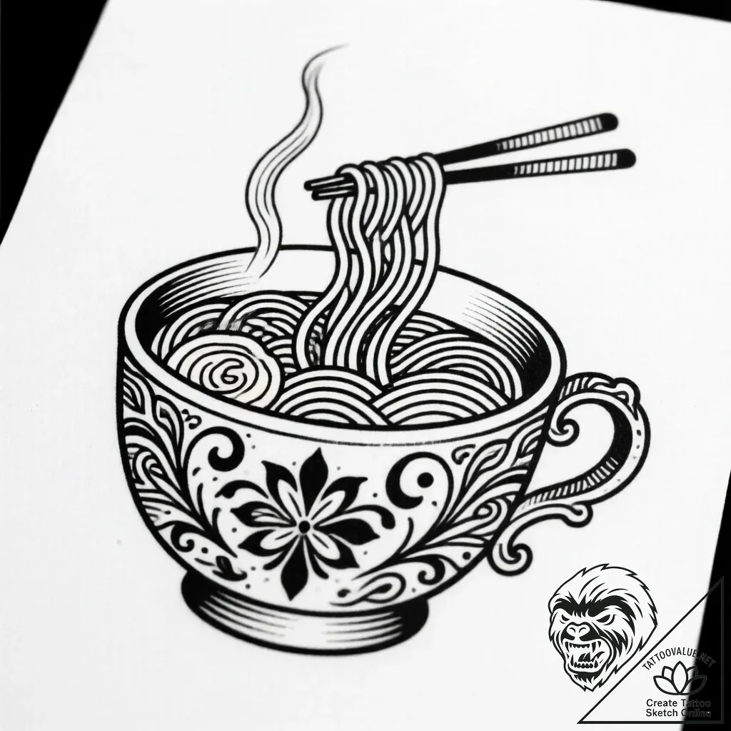 Instant ramen noodle cup, steaming, tattoo dr... - style Flux Inscriptions - tattoo sketch (11.11.2025 19:16)