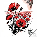 A poppy flower field, tattoo line art, trash… – style Flux Inscriptions – tattoo sketch (11.11.2025 19:28)