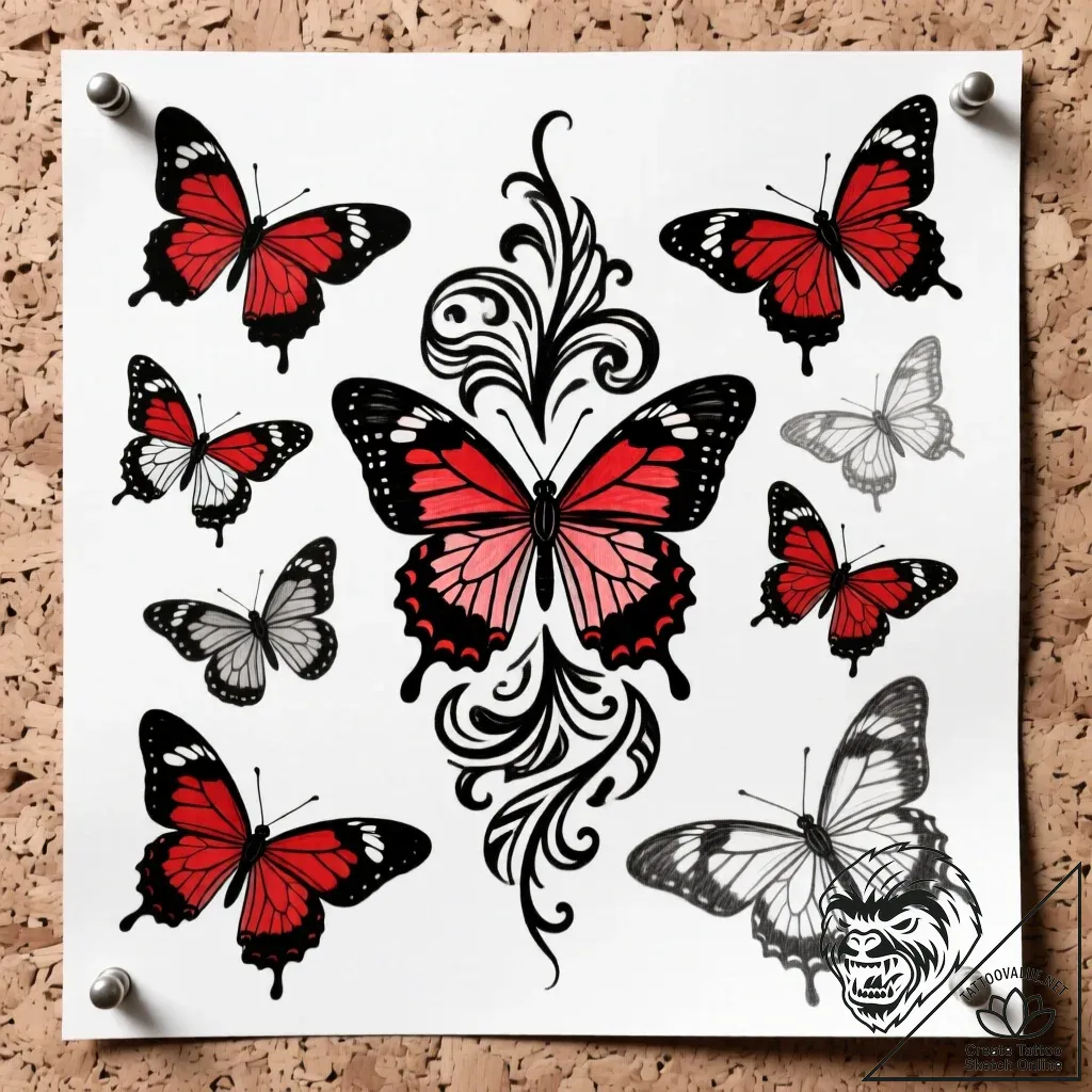 A vibrant butterfly collection pinned on a co... - style Flux Inscriptions - tattoo sketch (11.11.2025 19:40)
