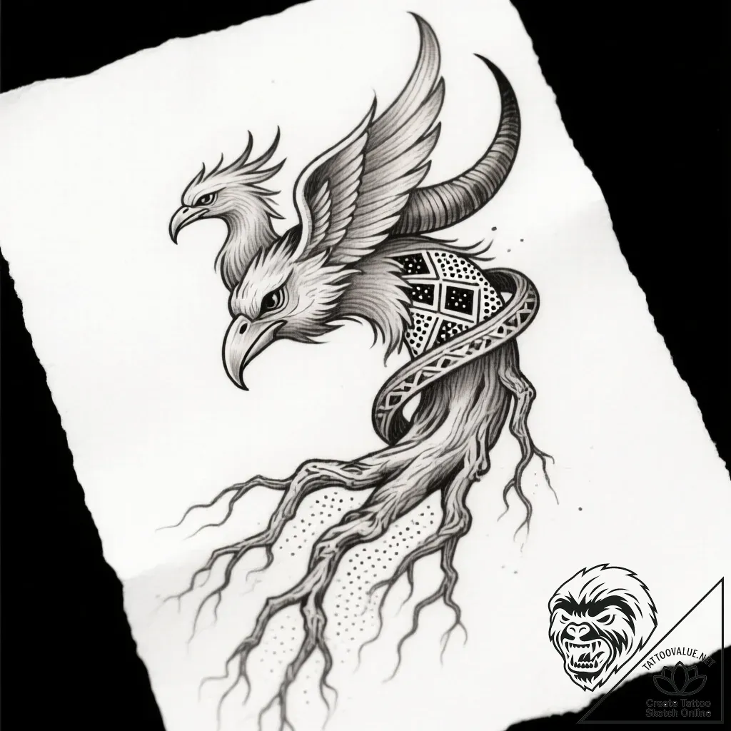 Phoenix horn entwined with roots, tattoo sket... - style Flux Inscriptions - tattoo sketch (11.11.2025 20:04)