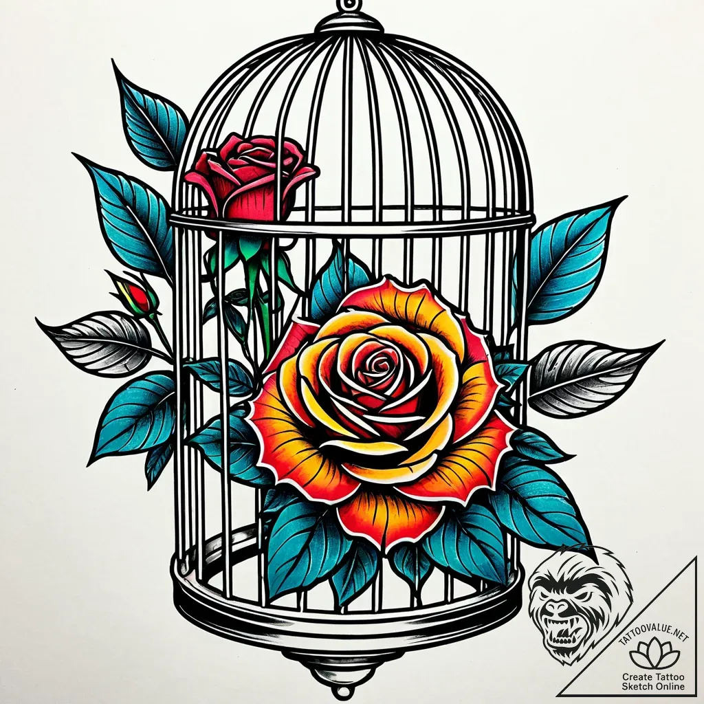 Locked rose within iron cage, tattoo line art... - style Jaeger Simple - tattoo sketch (11.11.2025 20:31)