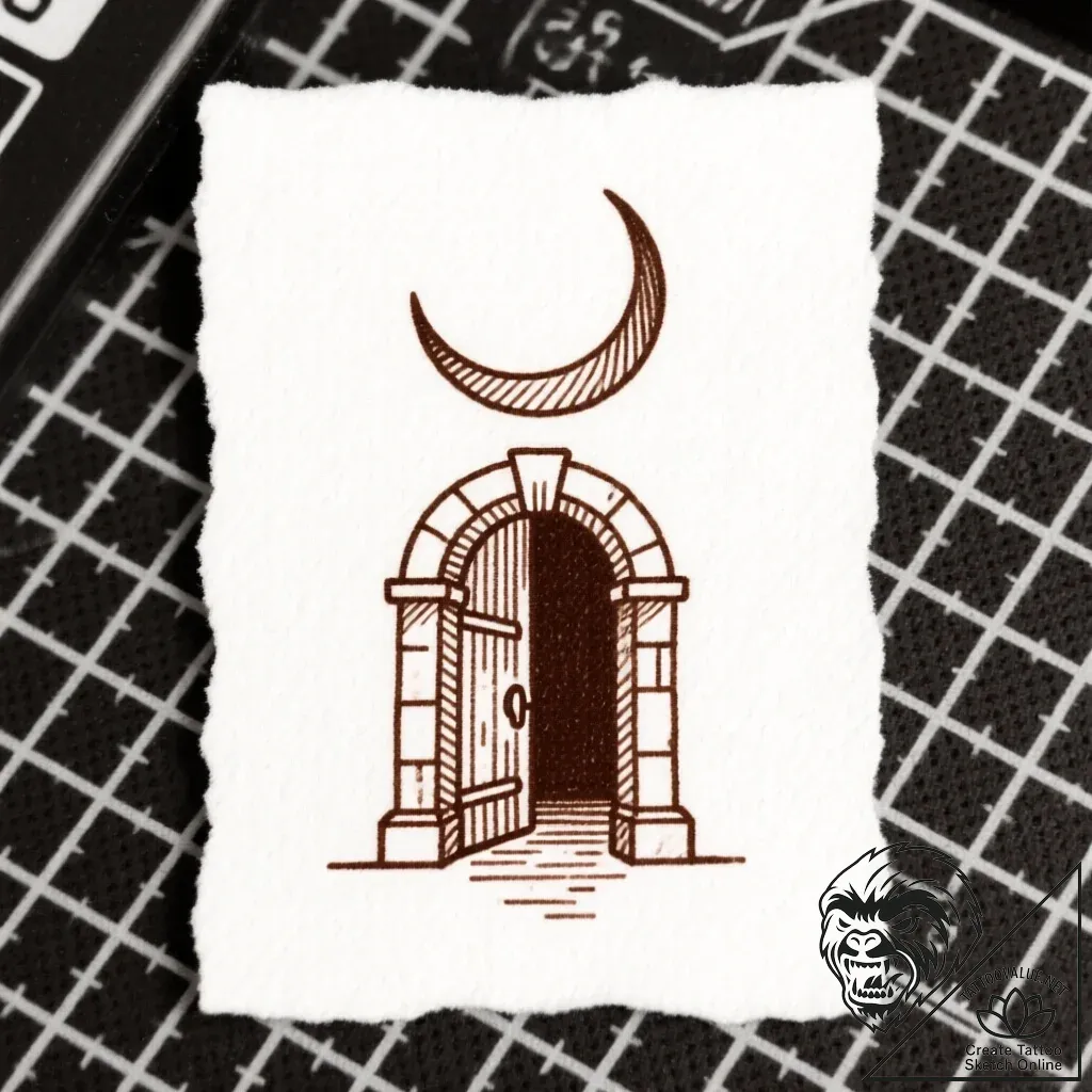 Nether gate beneath shattered moon, tattoo fl... - style Flux Inscriptions - tattoo sketch (11.11.2025 20:52)